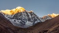 Annapurna south mountain during sunrise golden hour being hit by first sunshine with clear sky, Himalayas Royalty Free Stock Photo