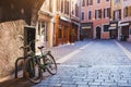 Annecy early morning, France, vintage bicycle on pavement in Europe