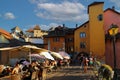 Tourist having lunch on restaurent terrace in summer