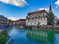 Annecy, France. Canal by the lake and old city.