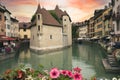 Annecy, France - September 9, 2021: the view of city canal with medieval buildings in Annecy Old Town, Restaurant near the River T Royalty Free Stock Photo