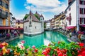 Annecy, France - September 9, 2021: the view of city canal with medieval buildings in Annecy Old Town, Restaurant near the River T Royalty Free Stock Photo