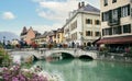 Annecy, France - September 9, 2021: the view of city canal with medieval buildings in Annecy Old Town, Restaurant near the River T Royalty Free Stock Photo