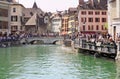 Annecy France. Views of the town by the canal and bridges.