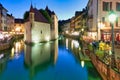 Annecy Haute Savoie France. The Palais de l\'Isle and Thiou river at sunset Royalty Free Stock Photo