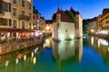 Annecy Haute Savoie France. The Palais de l\'Isle and Thiou river at sunset Royalty Free Stock Photo