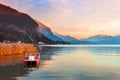 Annecy lake in Alps mountains at sunset, France Royalty Free Stock Photo