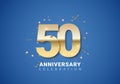 50 anniversary background with golden numbers, confetti, stars on bright blue background. Vector Illustration