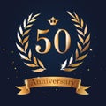 50 Anniversary badge design with laurel, ribbon and crown.