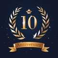 10 Anniversary badge design with laurel, ribbon and crown.