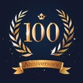 100 Anniversary badge design with laurel, ribbon and crown. Royalty Free Stock Photo