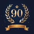 90 Anniversary badge design with laurel, ribbon and crown.