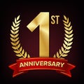 1 Anniversary Banner Vector. One Year Age, First Celebration. Shining Digit Sign. Gold Number One. Laurel Wreath. For