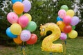 Anniversary or birthday photo zone with yellow, blue, green, red, orange and violet balloons outdoors, copy space. Royalty Free Stock Photo