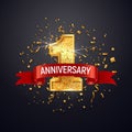 1 anniversary celebrating golden number with red ribbon vector and confetti isolated design elements. First year birthday event Royalty Free Stock Photo