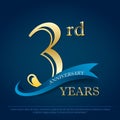 Anniversary celebration emblem 3rd years anniversary golden logo with blue ribbon on dark blue background, vector illustration Royalty Free Stock Photo