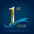 Anniversary celebration emblem 1st year anniversary golden logo with blue ribbon on dark blue background, vector illustration Royalty Free Stock Photo