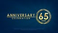 Anniversary celebration emblem 65th years. anniversary logo with ring and elegance golden on dark blue background, vector