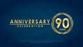 Anniversary celebration emblem 90th years. anniversary logo with ring and elegance golden on dark blue background, vector