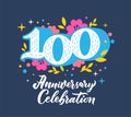 100 anniversary celebration flat greeting card template. 100th birthday postcard with hand drawn number, floral design