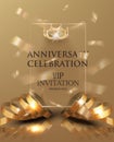 ANNIVERSARY CELEBRATION invitation card with gold realistic ribbons and confetti. Royalty Free Stock Photo