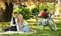 Anniversary concept. My darling. Idyllic moment. Man and woman in love. Picnic time. Spring date. Playful couple having Royalty Free Stock Photo