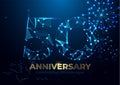 Anniversary 50. Polygonal Anniversary greeting banner. Celebrating 50th anniversary event party. fireworks background. Low polygon