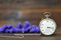 Anniversary gift. Vintage pocket watch and spring flowers Royalty Free Stock Photo