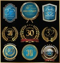 Anniversary gold and blue labels collection, 30 years Royalty Free Stock Photo