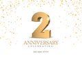 Anniversary 2. gold 3d numbers. Poster template for Celebrating 2th anniversary event party. Royalty Free Stock Photo