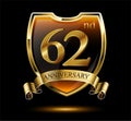 Anniversary 62. gold 3d numbers and shield. Celebrating poster