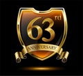 Anniversary 63. gold 3d numbers and shield. Celebrating poster