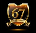 Anniversary 67. gold 3d numbers and shield. Celebrating poster