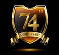 Anniversary 74. gold 3d numbers and shield. Celebrating poster