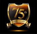 Anniversary 75. gold 3d numbers and shield. Celebrating poster