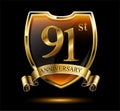 Anniversary 91. gold 3d numbers and shield. Celebrating poster