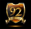 Anniversary 92. gold 3d numbers and shield. Celebrating poster