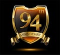 Anniversary 94. gold 3d numbers and shield. Celebrating poster