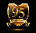 Anniversary 95. gold 3d numbers and shield. Celebrating poster