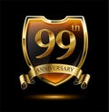 Anniversary 99. gold 3d numbers and shield. Celebrating poster