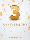 3 Anniversary gold numbers with golden confetti. Celebration 3 anniversary event party template Royalty Free Stock Photo