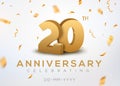20 Anniversary gold numbers with golden confetti. Celebration 20th anniversary event party template Royalty Free Stock Photo
