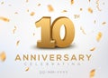 10 Anniversary gold numbers with golden confetti. Celebration 10th anniversary event party template Royalty Free Stock Photo