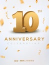 10 Anniversary gold numbers with golden confetti. Celebration 10th anniversary event party template Royalty Free Stock Photo