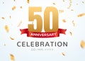 50 Anniversary gold numbers with golden confetti. Celebration 50th anniversary event party template Royalty Free Stock Photo
