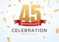 45 Anniversary gold numbers with golden confetti. Celebration 45th anniversary event party template