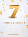 7 Anniversary gold numbers with golden confetti. Celebration 7th anniversary event party template Royalty Free Stock Photo