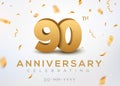 90 Anniversary gold numbers with golden confetti. Celebration 90th anniversary event party template