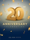 20 Anniversary gold numbers with golden confetti. Celebration 20th anniversary event party template