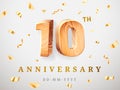 10 anniversary gold wooden numbers with golden confetti. Celebration 10th anniversary, number one and zero Template Royalty Free Stock Photo